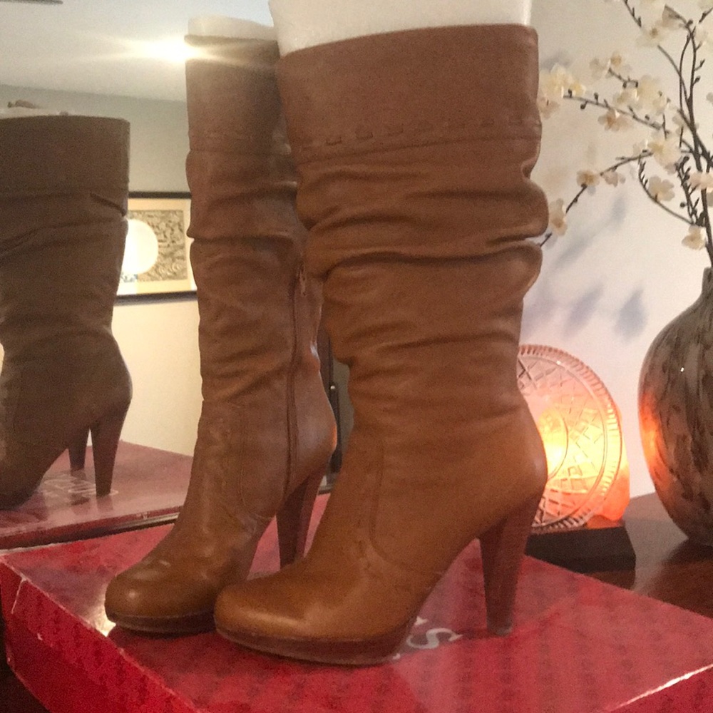 Natural leather knee high boots